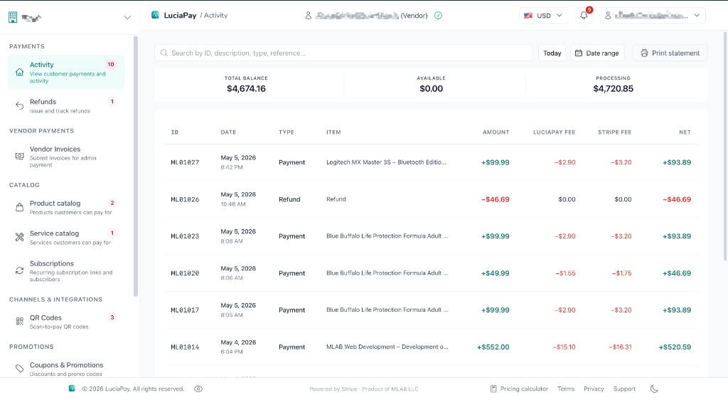 LuciaPay platform dashboard